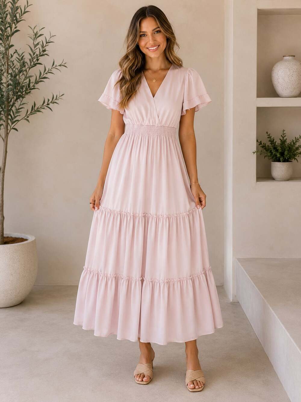 Mikarose Pink Tiered Maxi Dress XS Flutter Sleeve Smocked Waist Modest Boho